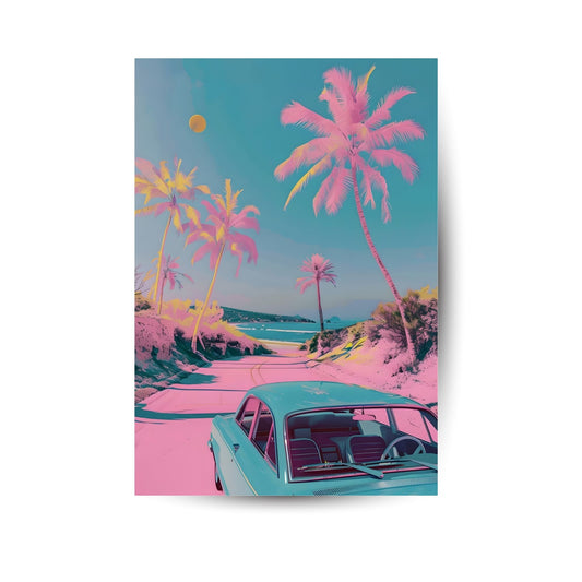 Metallposter mit türkisfarbenem Auto und Strand – tropische Palmen und pinker Sonnenhimmel im Retro-Look