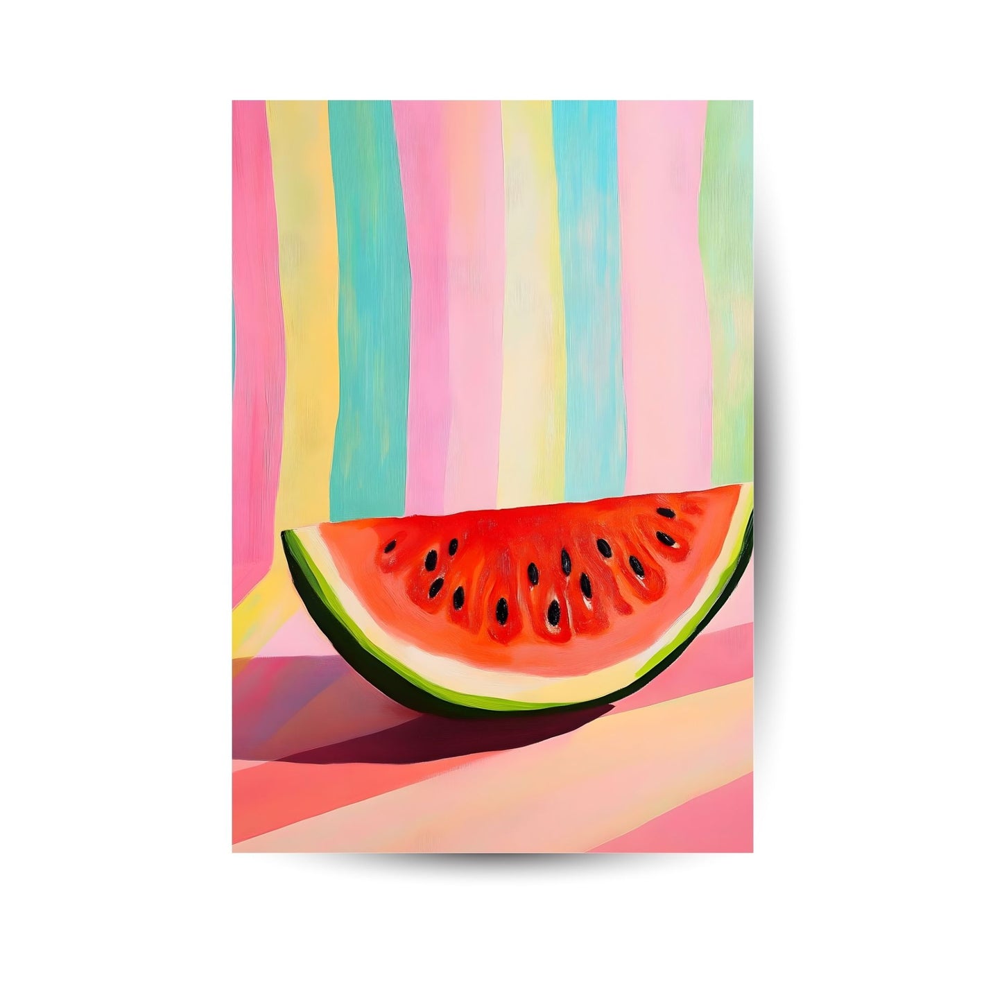 Wassermelonen-Poster mit bunten Streifen – verspieltes Sommerdesign im Pop-Art-Stil.