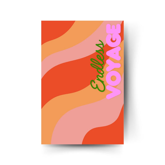 Retro-Metallposter mit Wellen in Orange, Rosa und Rot sowie dem Schriftzug „Endless Voyage“ – modernes Design im 70s-Style.