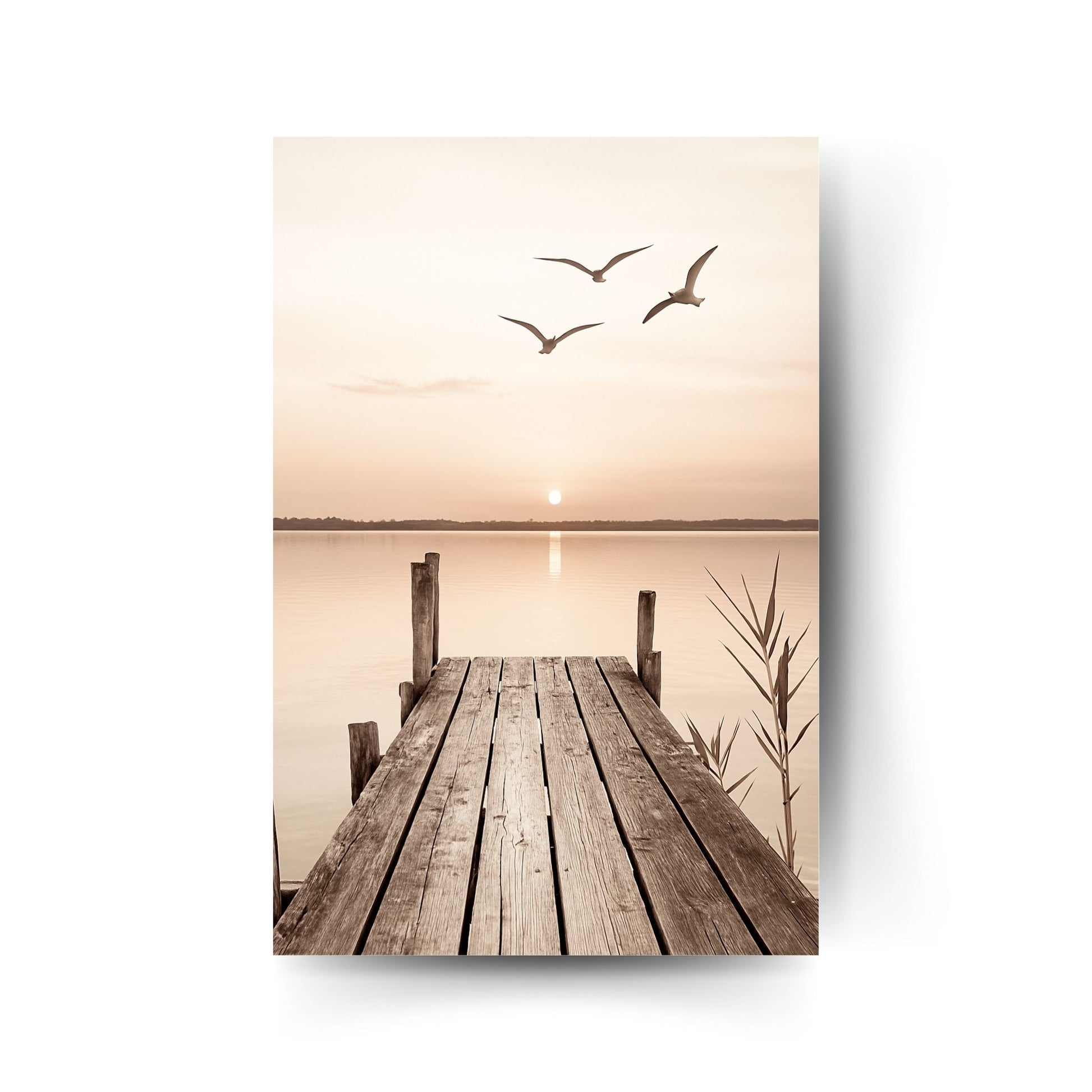 Sonnenuntergang über dem Wasser mit Holzsteg und fliegenden Möwen – beruhigendes Natur-Poster im Vintage-Stil auf Metall.