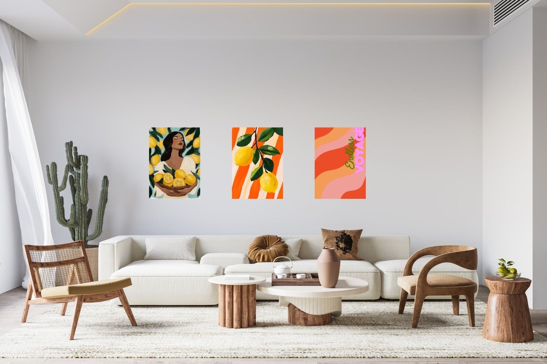 Metallposter mit mediterraner Frauen-Illustration und Zitronen im Wohnzimmer – sommerliches Wandbild mit stilvollem Flair.