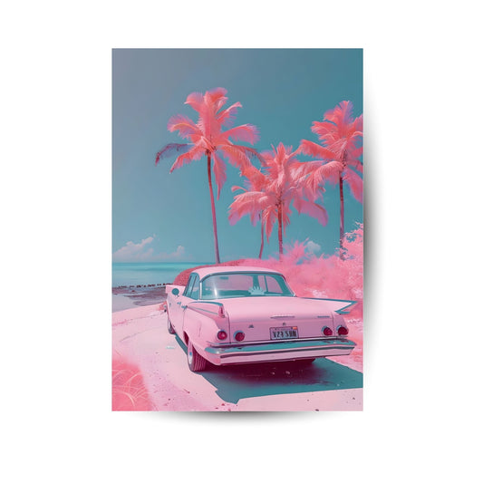 Retro-Poster mit pinkem Oldtimer unter Palmen – farbenfrohes Sommerdesign mit nostalgischem Flair