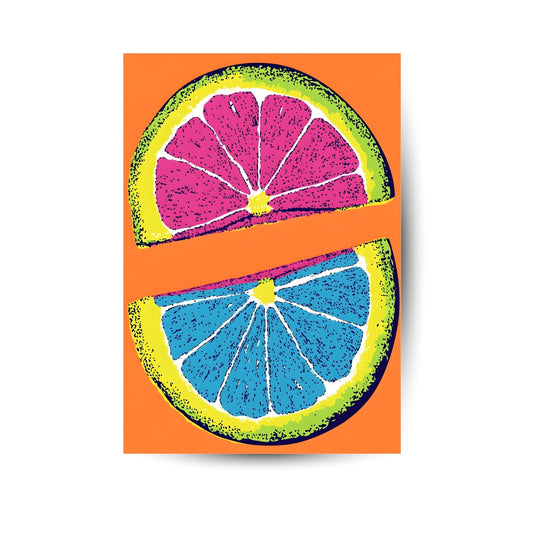 Pop-Art Zitrone in Pink, Blau & Orange – knalliges Sommermotiv mit Retro-Vibes.