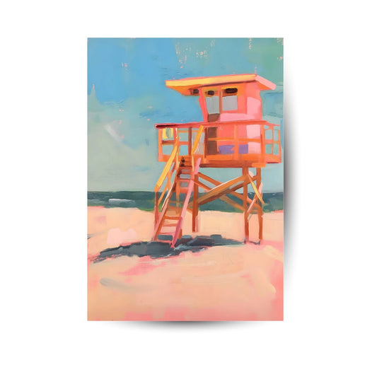 Retro-Strandhaus im Sonnenlicht vor blauem Himmel – farbenfrohes Sommerposter mit Vintage-Feeling