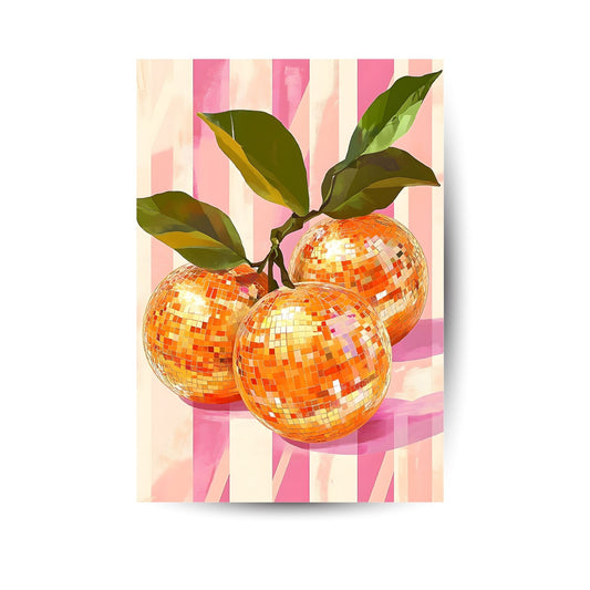 Kreative Disco-Orange im Retro-Stil – Frucht trifft Funk auf rosa Streifen.