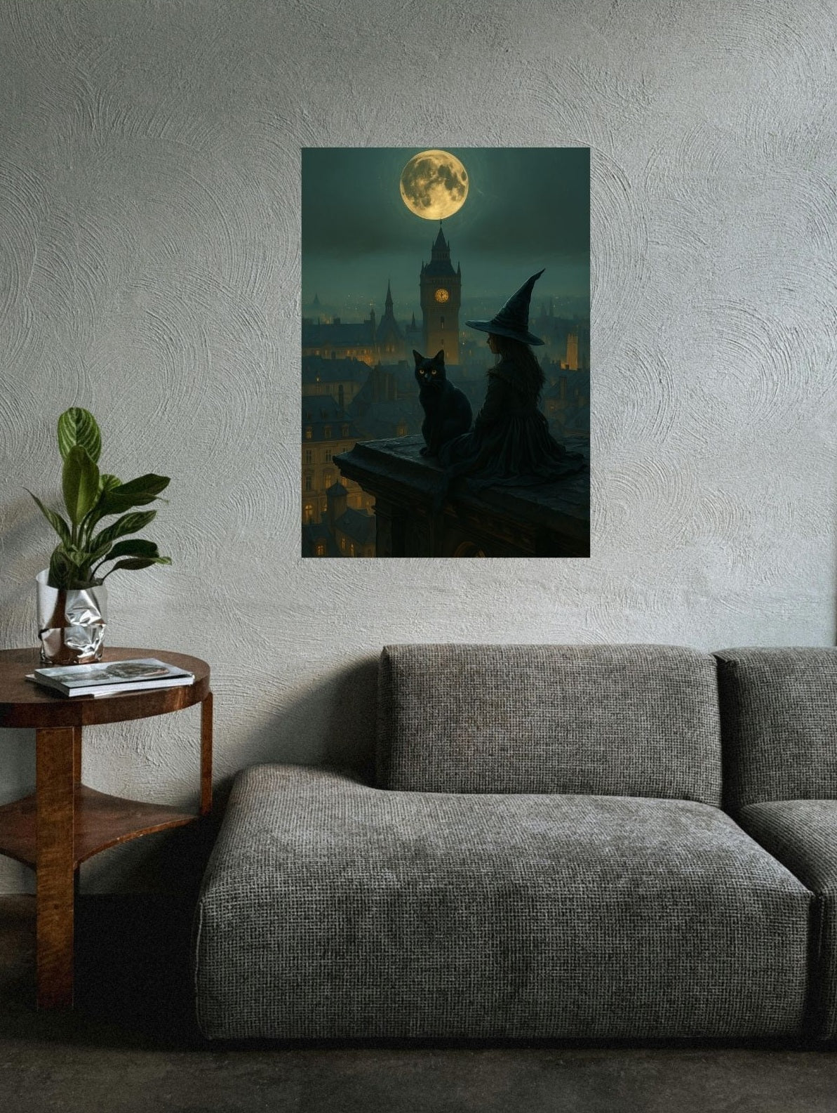 Mitternachtsblick – Magisches Hexenposter mit Stadtsilhouette