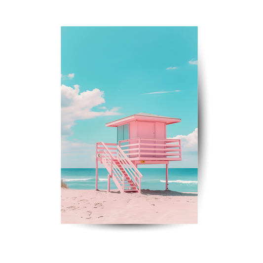 Retro-Strandposter mit pinkem Liegestuhl am türkisblauen Meer – Summer Vibes für dein Zuhause
