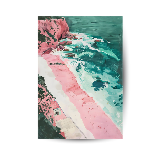 Illustration mit Flamingo und Küste – modernes Sommerposter mit Retro-Flair in Türkis und Pink