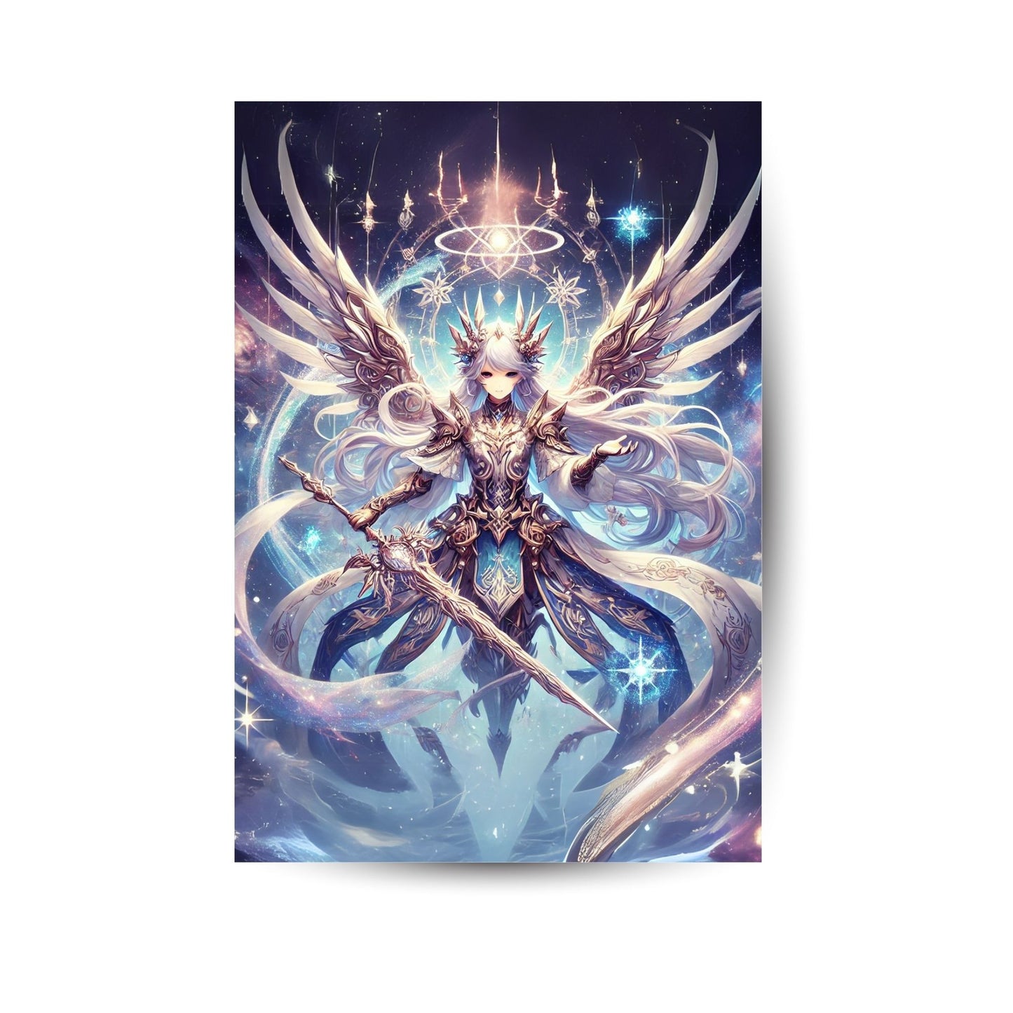 Fantasy-Poster mit himmlischer Kriegerin, Flügeln und strahlender Aura – Anime & Engel-Stil.