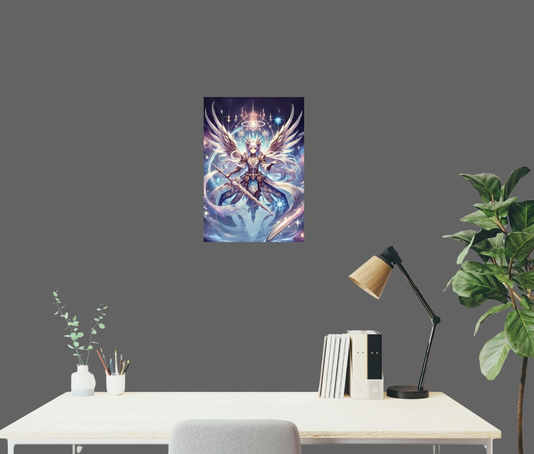 Elegantes Poster mit weiblicher Himmelskriegerin im blauen Fantasie-Stil an der Wand.