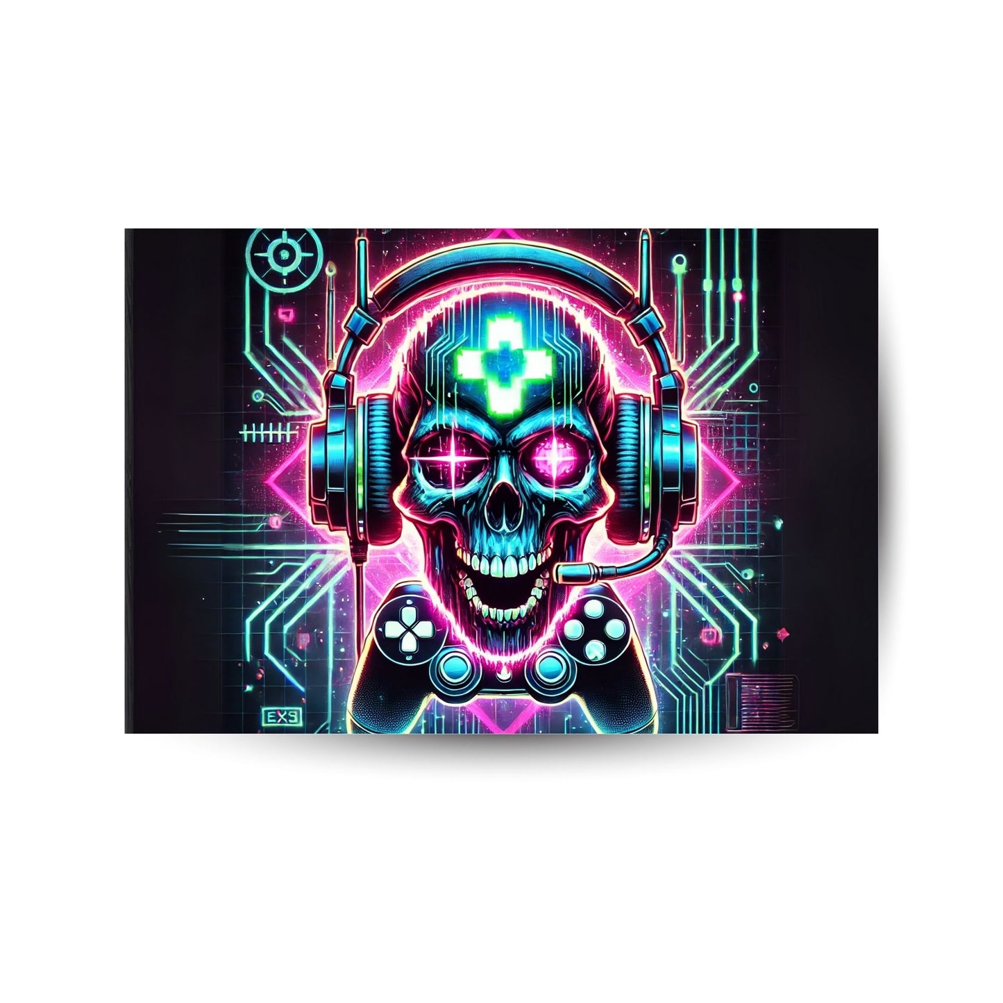 Neonfarbenes Totenkopf-Poster mit Controller – Cyberpunk-Design für Hardcore-Gamer.