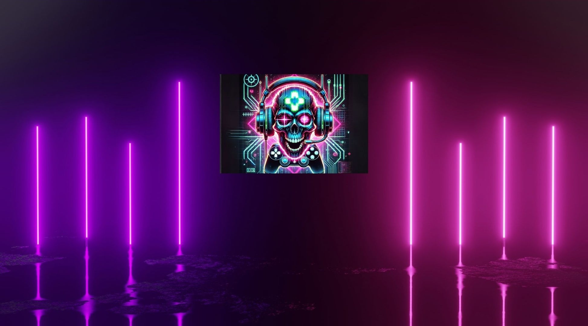 Futuristisches Gamer-Poster mit Skull im Neon-Look – auffällige Wandgestaltung fürs Spielzimmer.