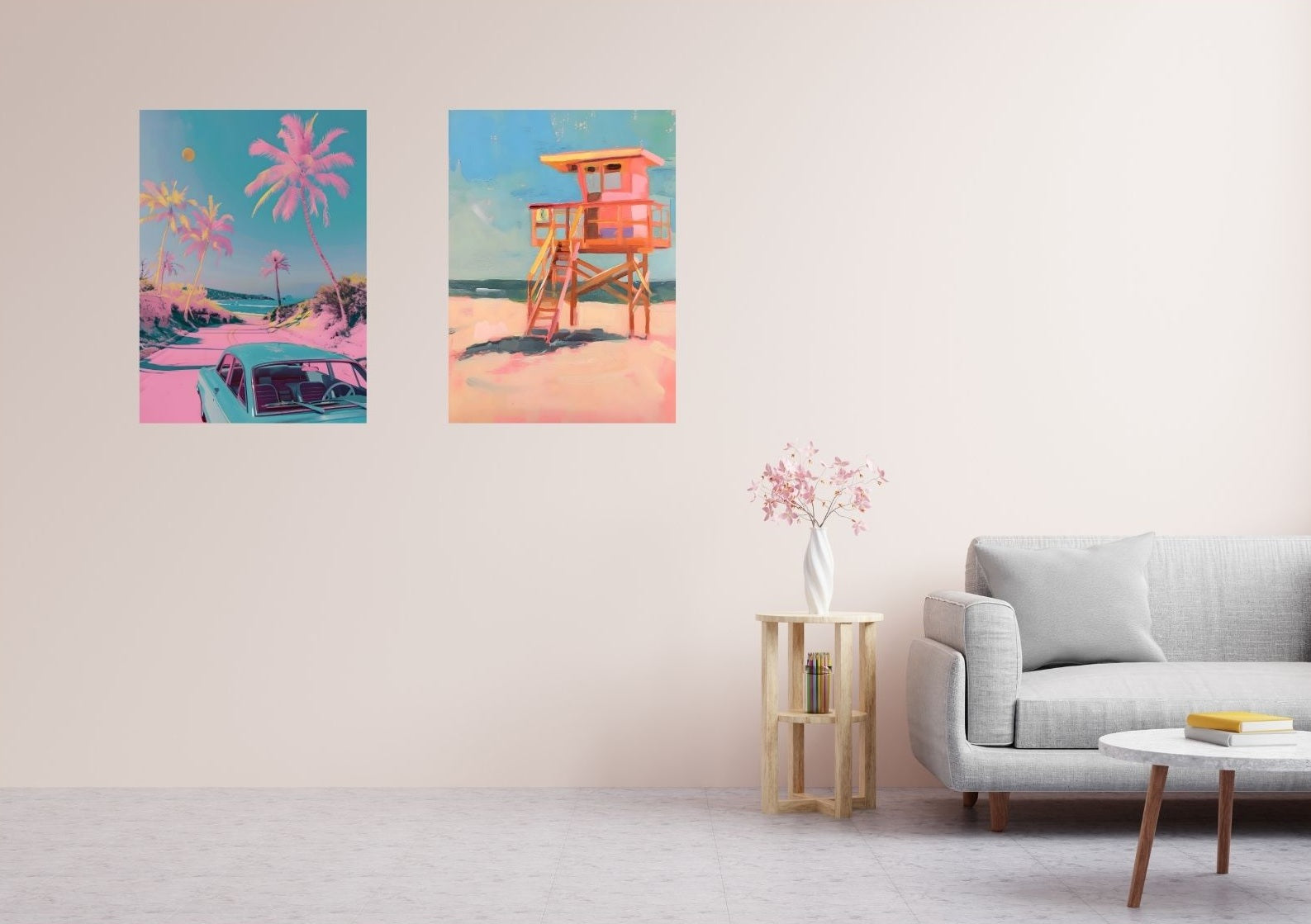 Stylisches Metallposter mit Strandhaus-Motiv in sommerlicher Einrichtung – Retro-Deko für Strandliebhaber
