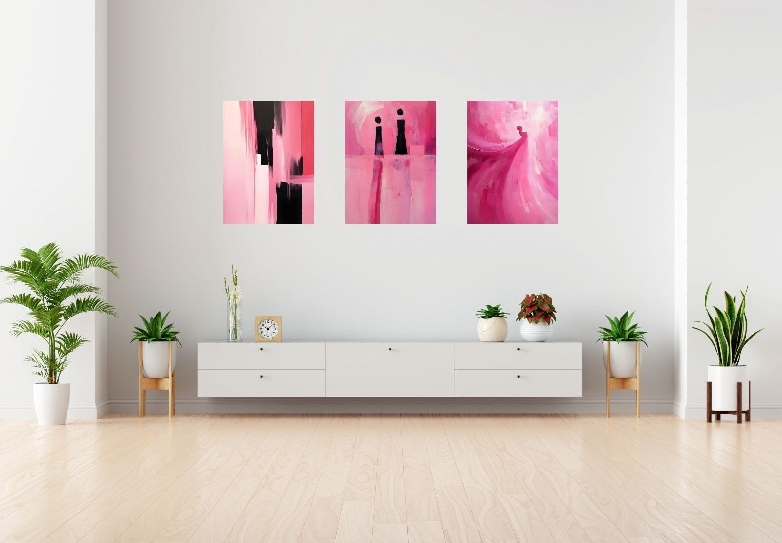 Kunstposter Frau in Pink – Elegante Silhouette mit fließendem Kleid in Acrylstil, feminines Wandbild in kräftigem Magenta