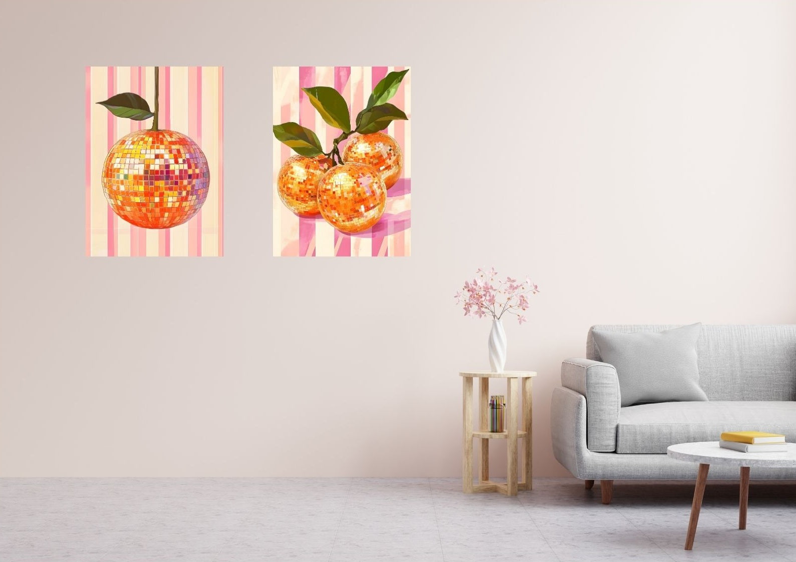 Fruchtposter mit Orangen & Streifen – modernes Pop-Art-Motiv für Küche & Bar.