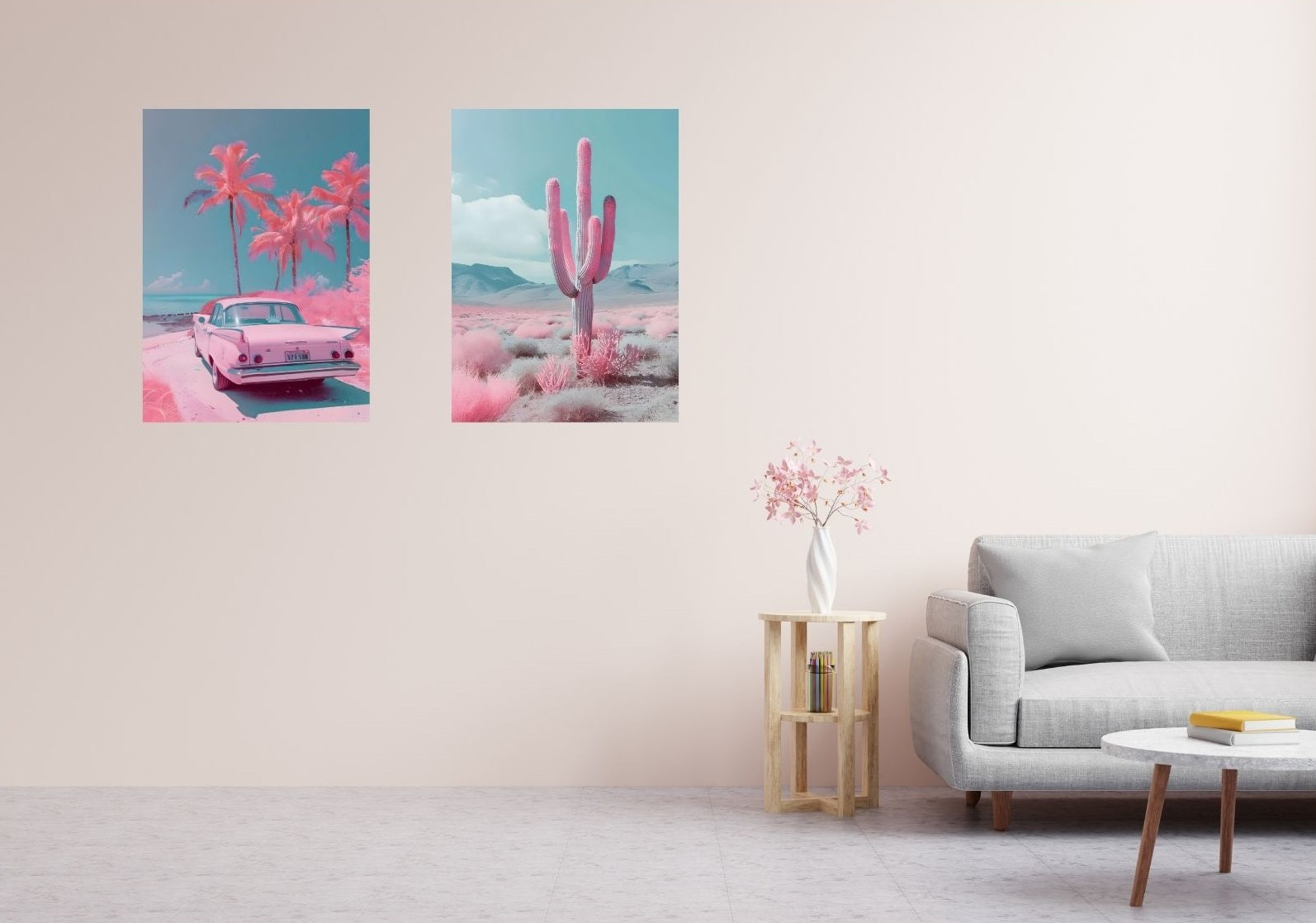 Stylisches Wohnambiente mit Retro-Auto-Poster – farbenfrohes Wandbild mit Palmen und Oldtimer in Pinktönen