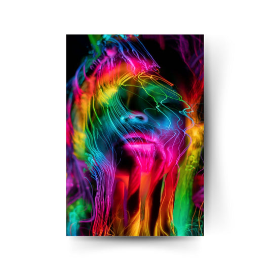 Psychedelisches Porträt in Neonfarben – abstraktes Kunstposter mit leuchtenden Lichtlinien auf dunklem Hintergrund