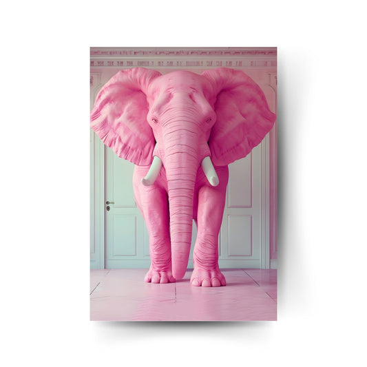 Pinker Elefant steht eindrucksvoll in einem weißen Raum – modernes Tierposter mit Humor und Wow-Effekt