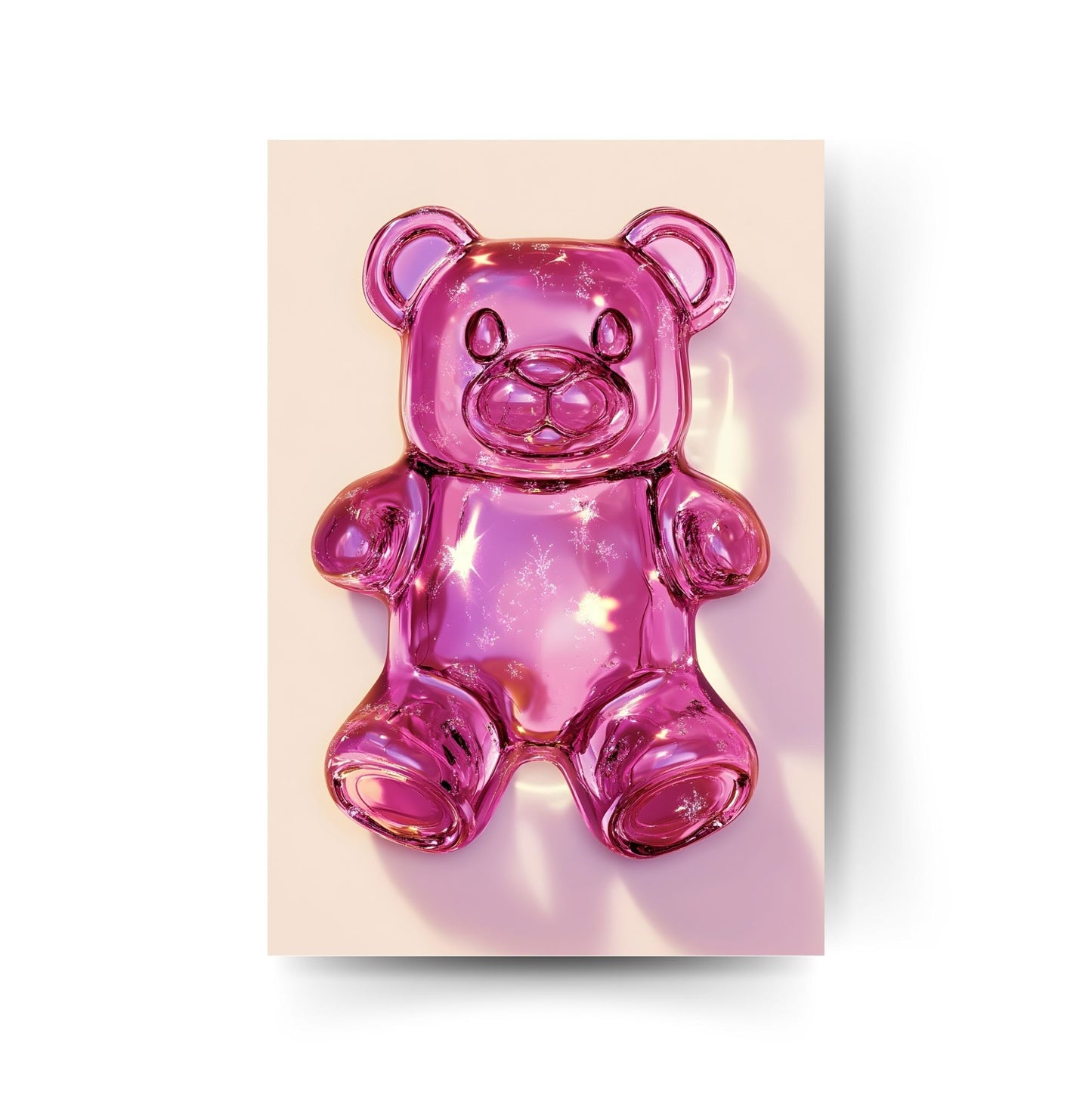 Glänzender pinker Gummibär in 3D-Optik auf beigem Hintergrund – modernes Kunstposter mit Pop-Art-Charme