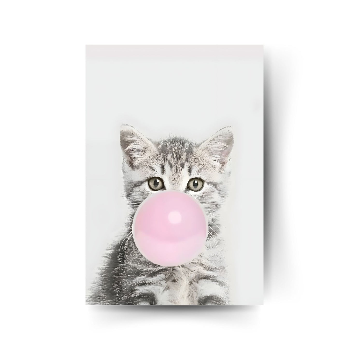 Graue Babykatze mit rosa Kaugummi – lustiges Tierposter mit charmantem Retro-Stil