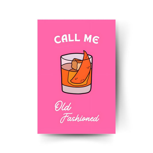 Grafisches Poster mit Old Fashioned Cocktail auf pinkem Hintergrund – coole Retro-Illustration mit Text "Call Me"