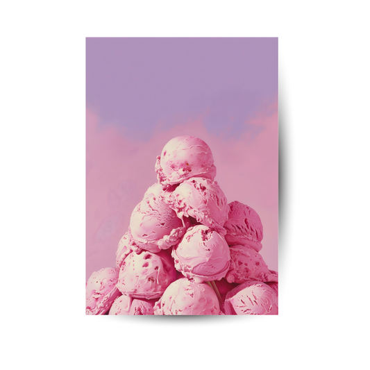 Verspieltes Food-Poster mit Eiskugeln vor rosa Himmel – Sommerfeeling für Küche oder Kinderzimmer