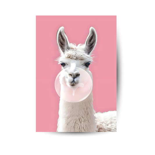 Humorvolles Tierposter mit süßem Lama auf rosa Hintergrund – charmant und auffällig.