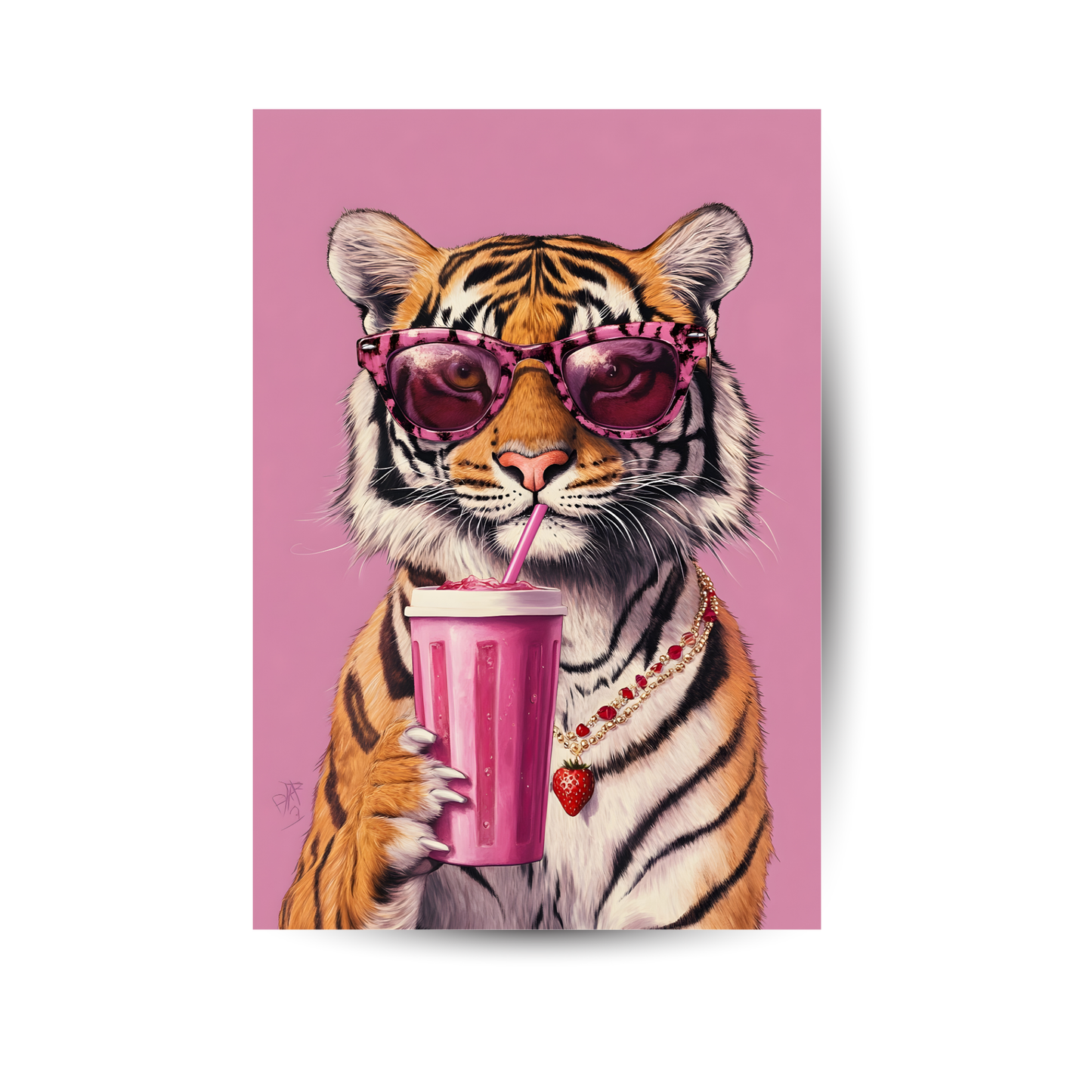Pop-Art Poster mit Tiger in Sonnenbrille und Cocktail – frech, farbenfroh und modern in Pink.