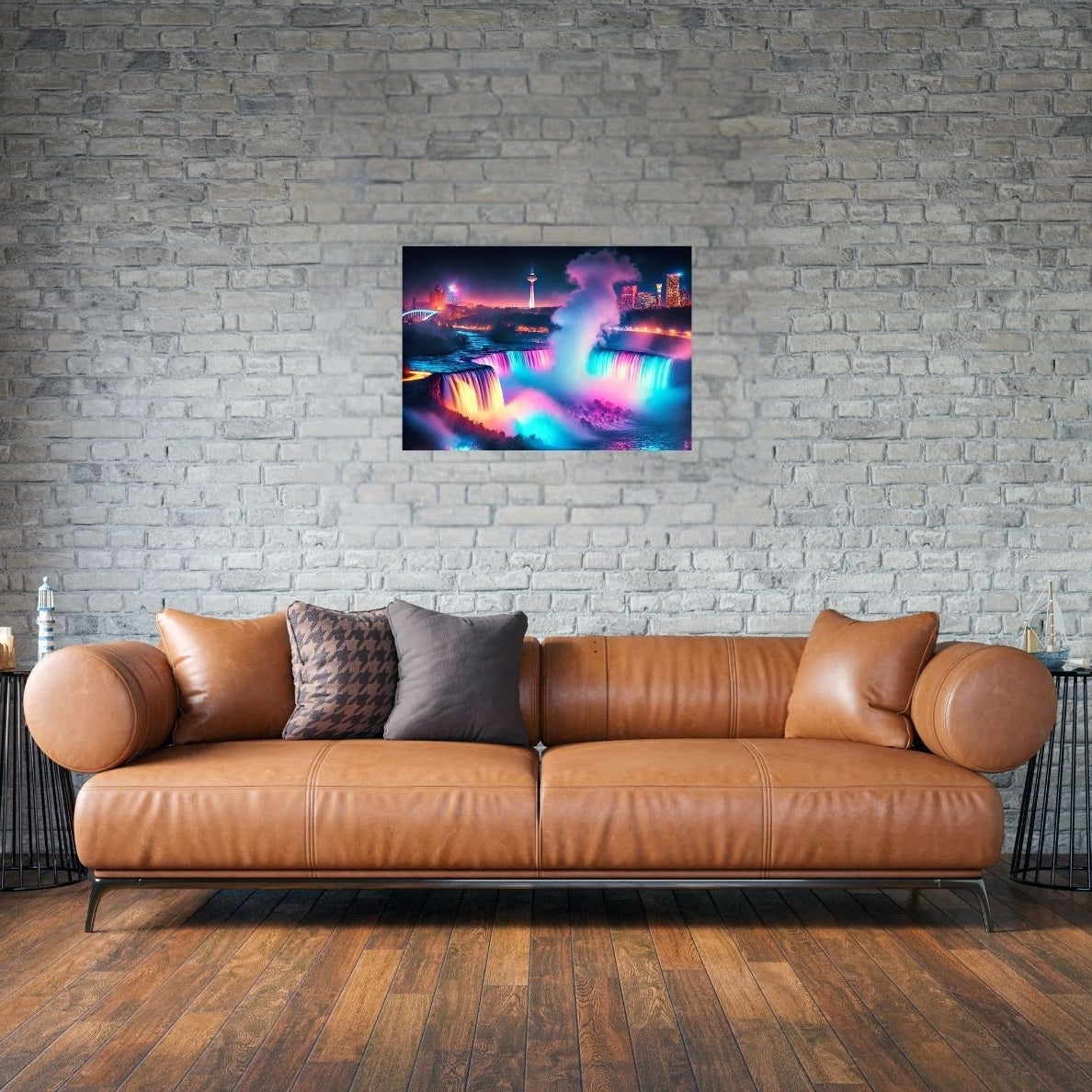 Poster mit bunten Wasserfällen in stilvollem Wohnzimmer-Setting.