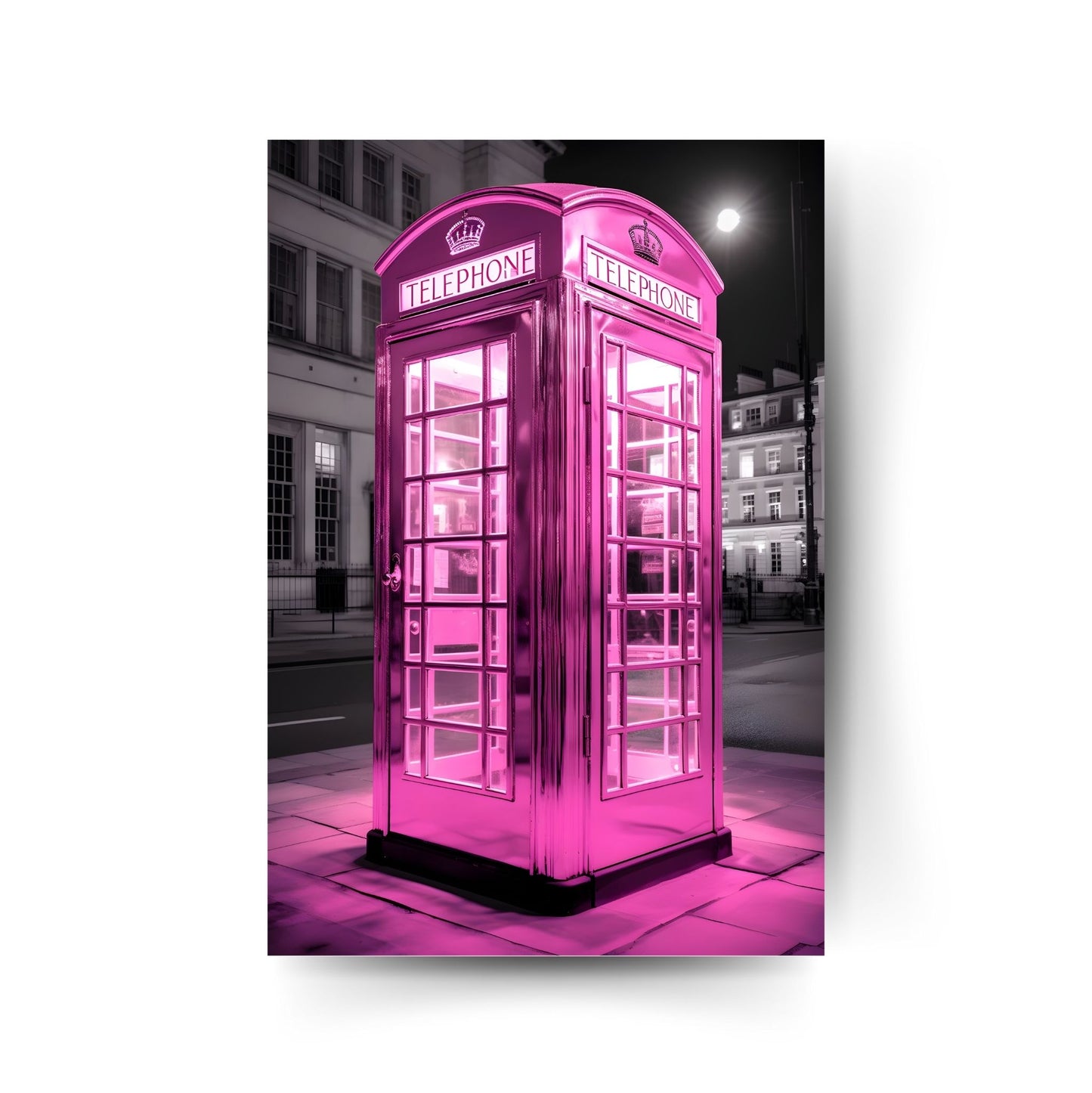 Londoner Telefonzelle in knalligem Pink bei Nacht – urbanes Poster mit modernem City-Flair