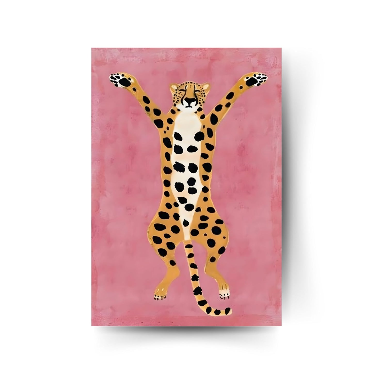 Illustration eines stilisierten Leoparden mit erhobenen Pfoten auf pinkem Hintergrund – modernes Tiermotiv auf Hochglanz-Metallposter