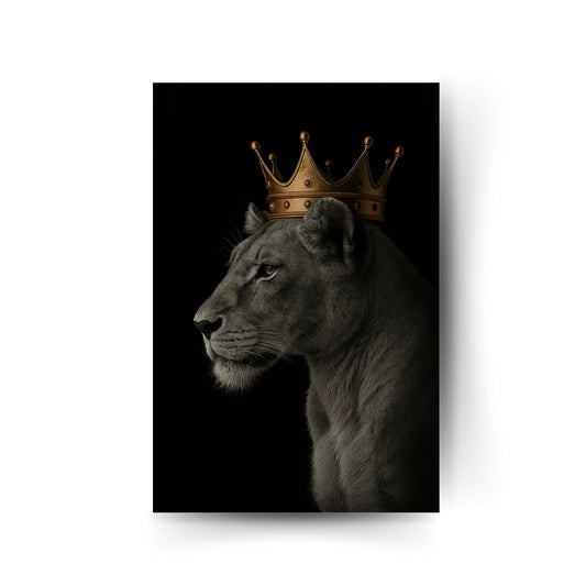 Starkes Löwen-Poster – majestätische Löwin mit goldener Krone auf dunklem Hintergrund, feminines Power-Wandbild