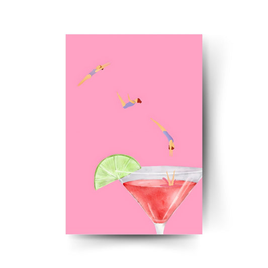 Illustration eines klassischen Cocktailglases mit Limettenscheibe auf pinkem Hintergrund – frisches und sommerliches Design