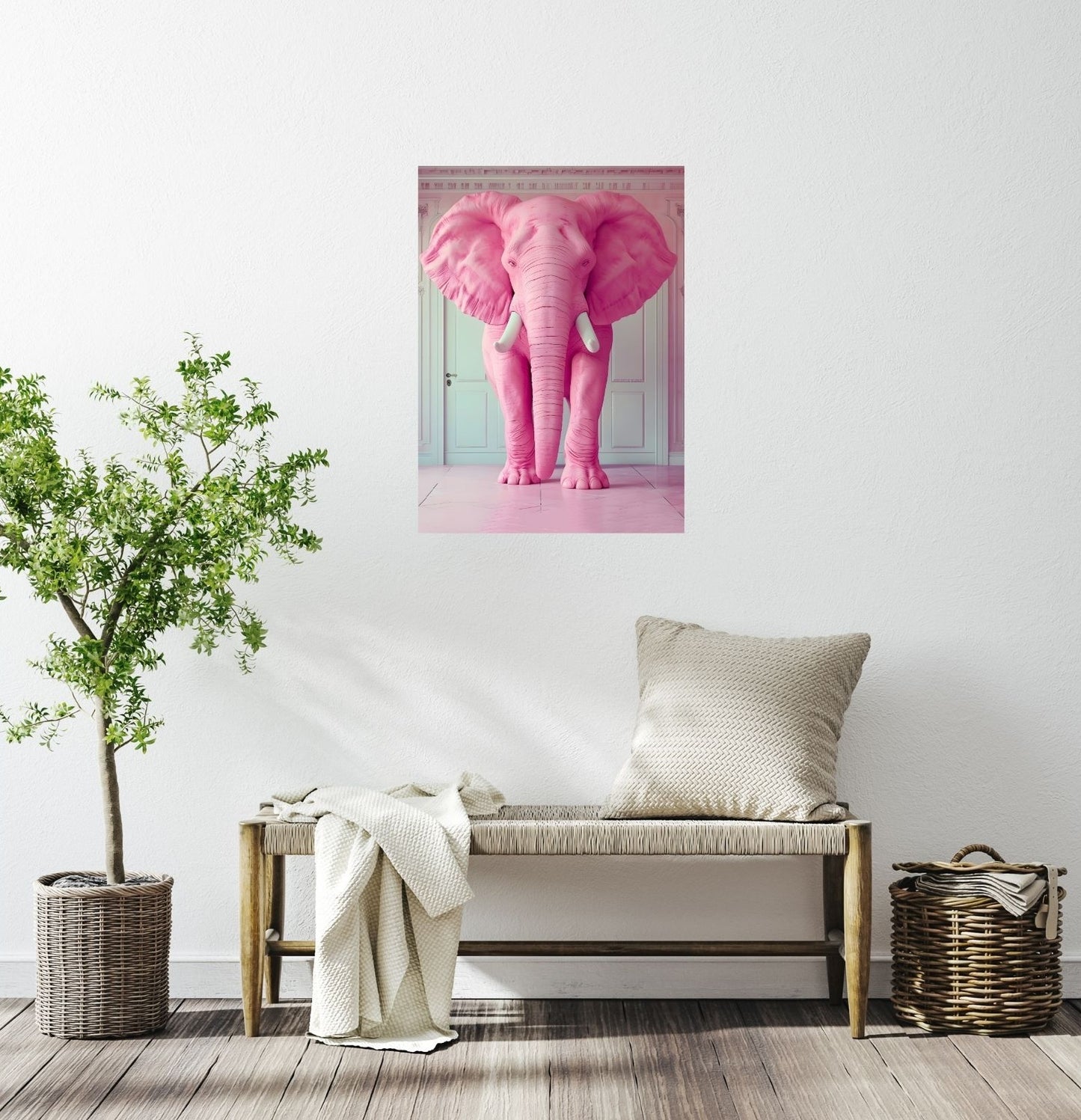 Modernes Wohnzimmer mit großem pinkem Elefanten-Poster an weißer Wand – auffälliger Eyecatcher im skandinavischen Stil