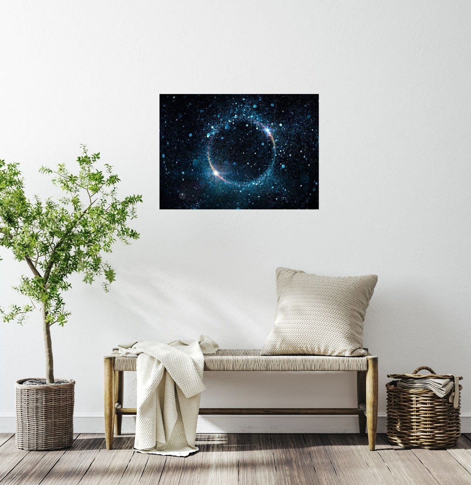 Wandbild mit galaktischem Lichtkreis im Wohnzimmer – modernes Universum-Poster als stilvolle Wanddekoration