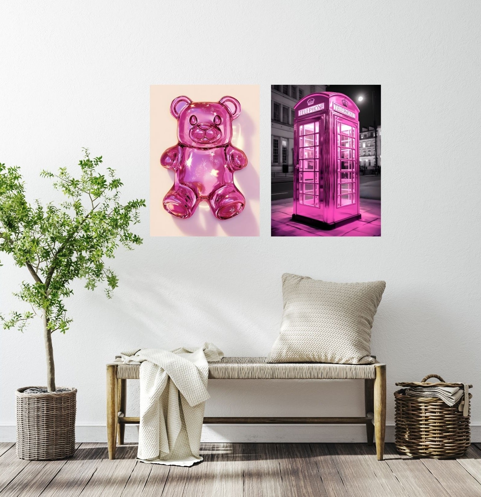 Helles Wohnzimmer mit rosa Gummibärchen-Poster über dem Sofa – stylischer Farbakzent im modernen Interieur
