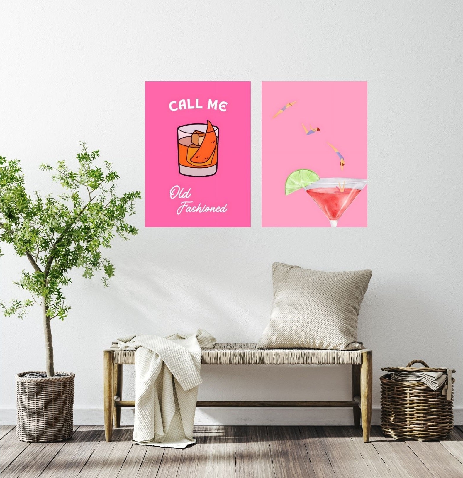 Wohnzimmer mit pinkem Cocktail-Poster im Retro-Stil – moderner Blickfang mit humorvollem Design