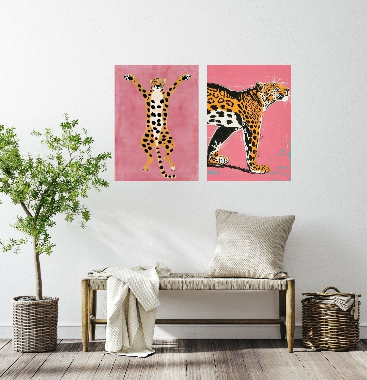 Retro-inspirierte Illustration eines gehenden Leoparden vor pinkem Hintergrund – farbintensives Tierdesign auf glänzendem Metallposter
