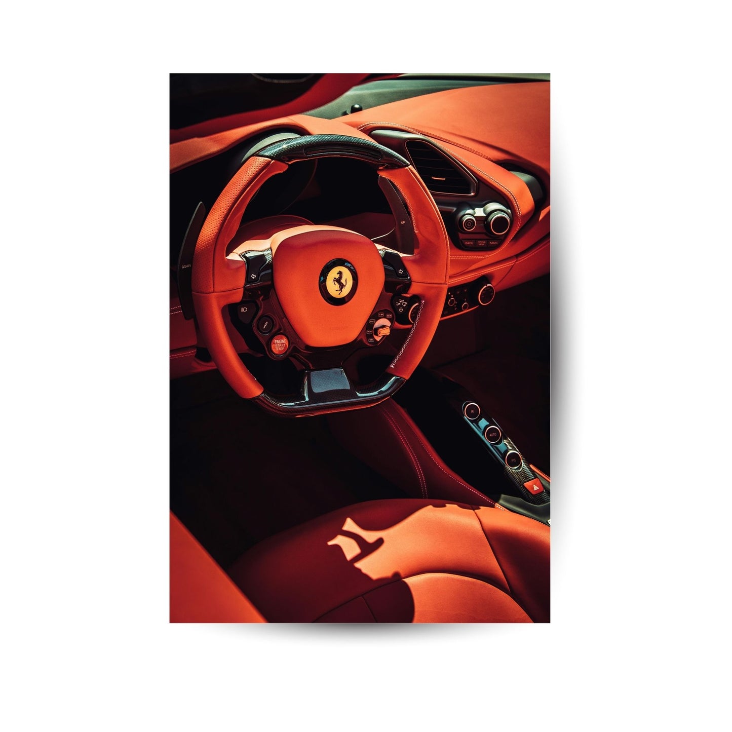  Rotes Sportwagen-Cockpit mit Ferrari-Lenkrad – Detailaufnahme voller Dynamik und Luxus.