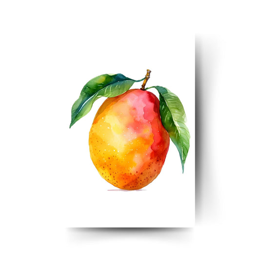 Aquarell-Poster mit leuchtender Mango auf weißem Hintergrund – exotisches Fruchtmotiv für die Küche