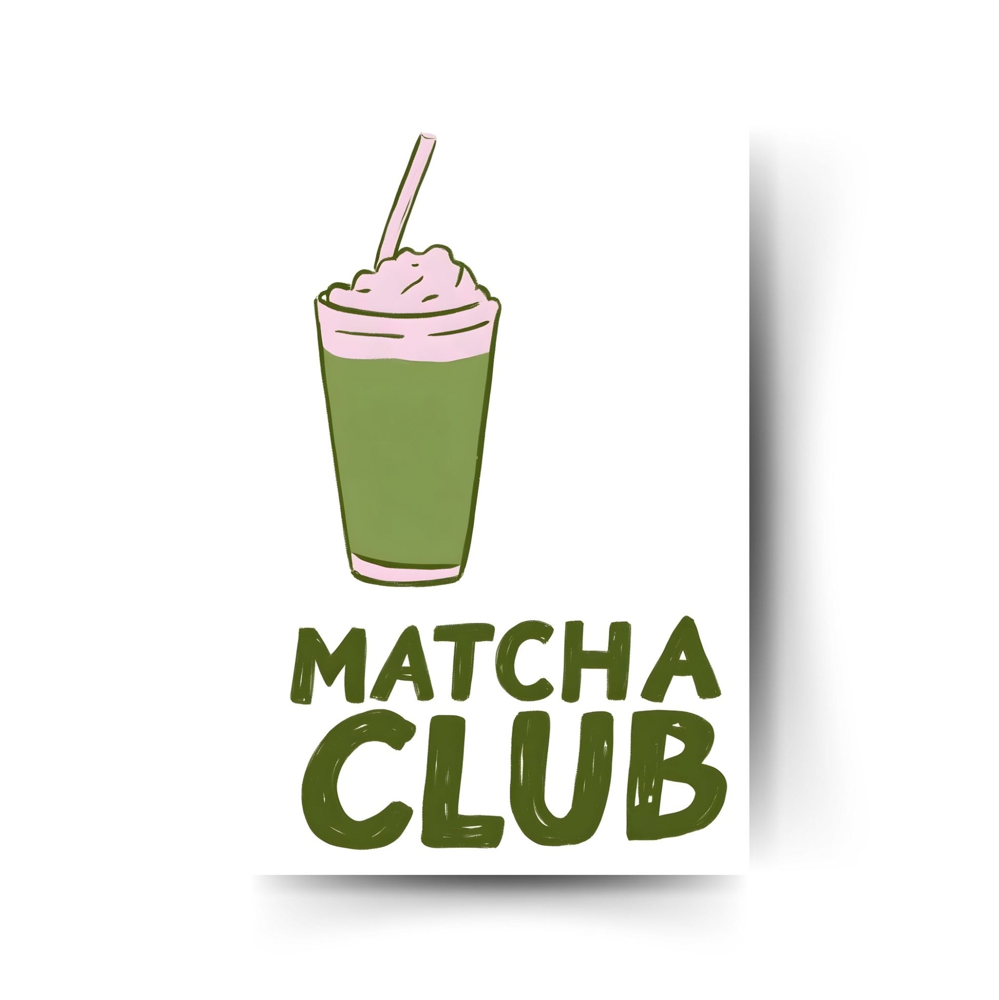 Grüner Matcha-Drink mit Strohalm und Typografie – stylisches Poster im Handlettering-Stil.