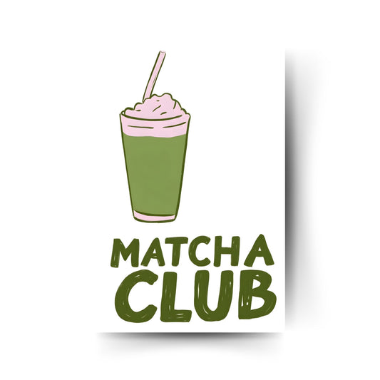 Grüner Matcha-Drink mit Strohalm und Typografie – stylisches Poster im Handlettering-Stil.
