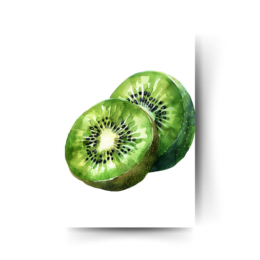 Frische grüne Kiwi in realistischer Aquarelloptik auf weißem Hintergrund – modernes Fruchtposter für die Küche.
