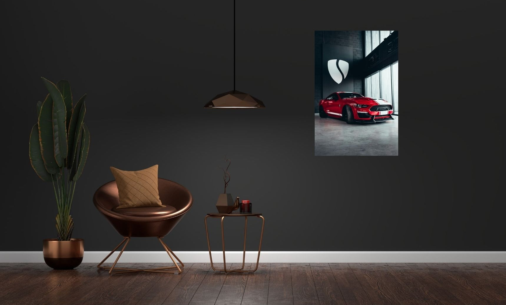 Setze ein Statement mit Stil – leuchtend roter Sportwagen in urbaner Galerie-Atmosphäre