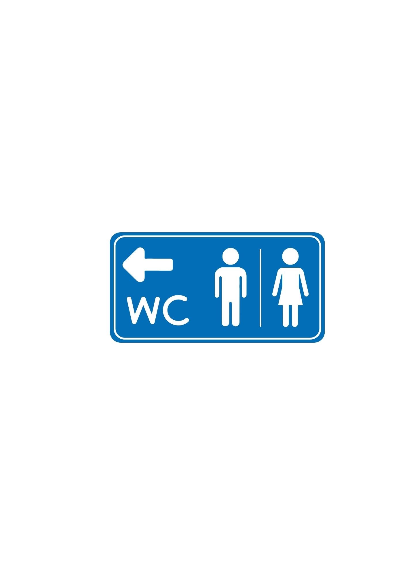 WC Richtungsschild – Pfeil links (blau, 21×14 cm)